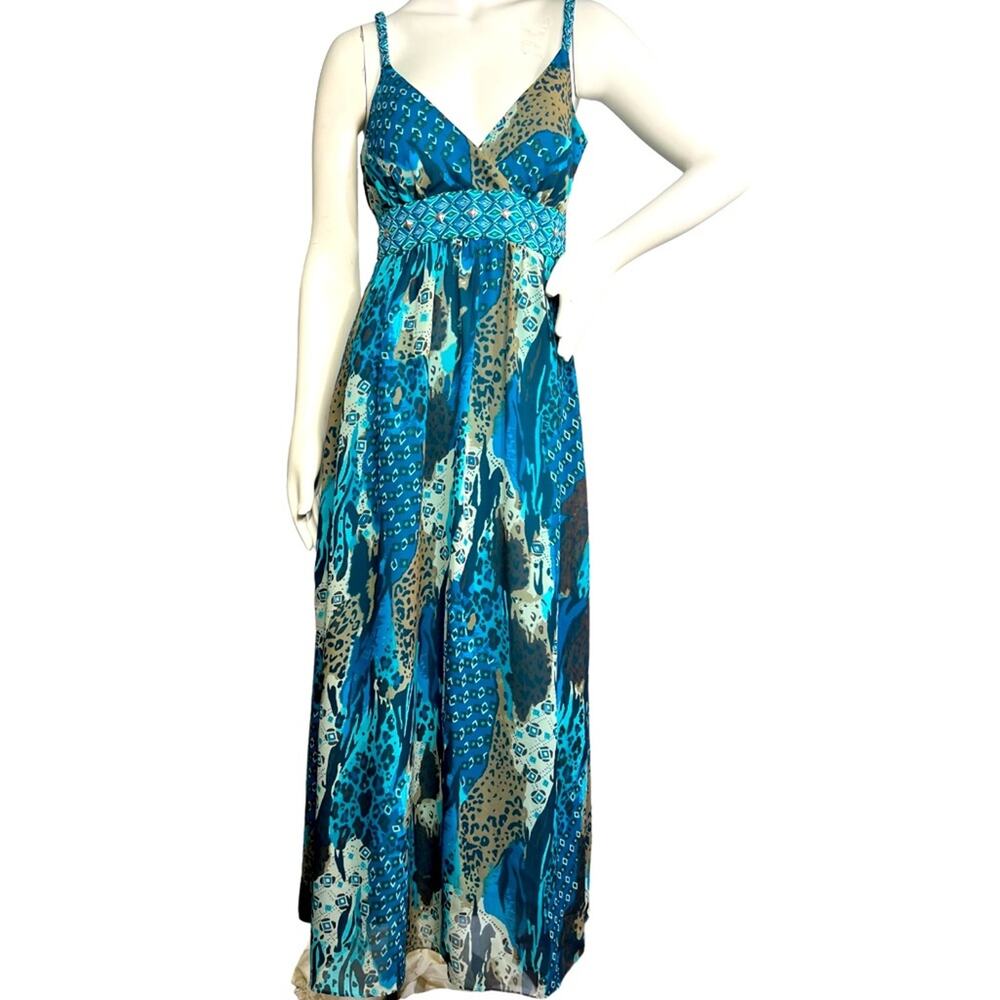 Robbie Bee Multi Animal Print Sleeveless Maxi Dress Teal Strap Dress 12